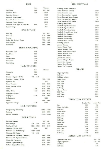 Taj Palace Salon Services and Prices, Rate Card