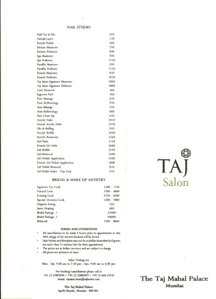 Taj Palace Salon Services and Prices, Rate Card