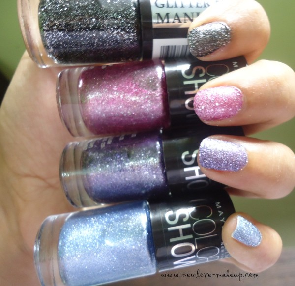 Maybelline Color Show Glitter Mania Collection  Starry Nights, Matinee Mauve, Paparazzi Purple, Bling on the Blue Review, Swatches, NOTD