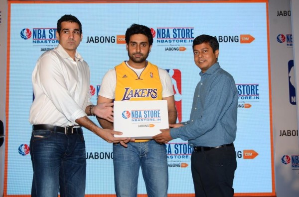 L-R Yannick Colaco, Managing Director, NBA India, Abhishek Bachchan, Praveen Sinha, Co -Founder, Jabong.com at the launch of NBA online store exclusively on Jabong.com