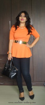OOTD: Orange Peplum Top and Metallic Gold Belt, Indian Fashion Blog, Outfit Posts, Femella,Dreslily