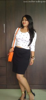 OOTD: Polka Dots Bandage Crop Top, Black Pencik Skirt, Orange Sling, Daniel Wellington Watch, Indian Fashion Blog