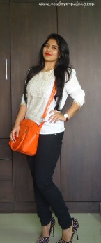 OOTD: Crocodile Print Faux Leather Orange Bag, Dune London Black Studded Pumps, Indian Fashion Blog, Outfit Posts