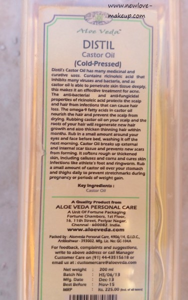 Aloe Veda Distil Cold Pressed Hexane Free Castor Oil Review, benefits of castor oil, Indian Beauty Blog