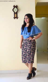 OOTD: Denim Blue Off Shoulder Crop Top, Floral Pencil Skirt, Outfit of the Day