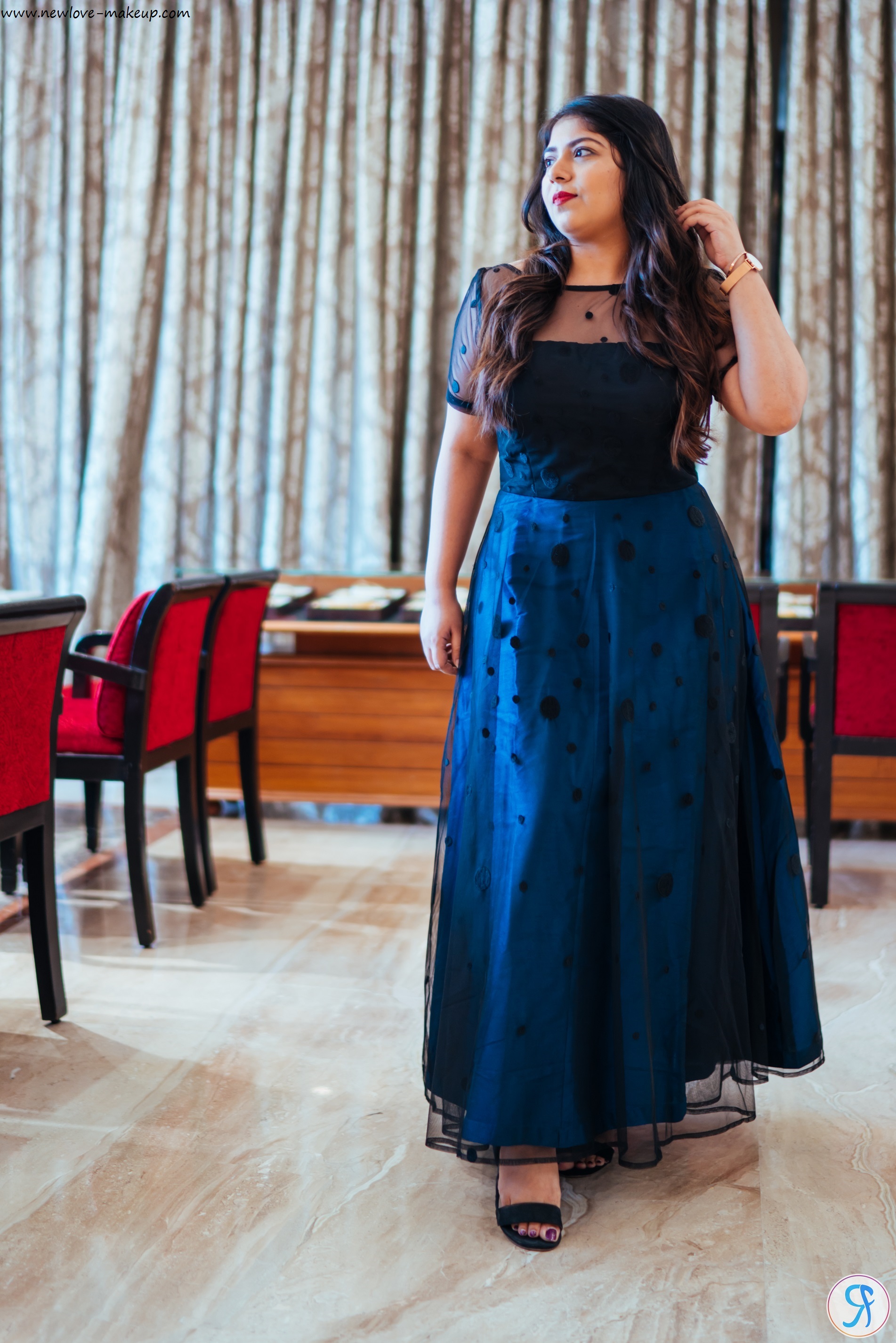 OOTD: Blue & Black Mesh Polka Maxi Dress, eShakti Gown, Indian Fashion Blog